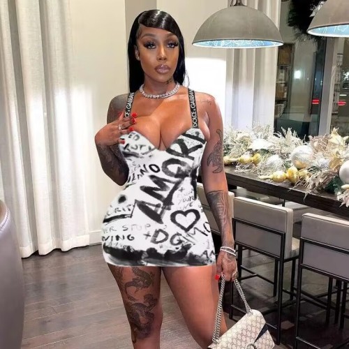 2023 New Fashion Printed Sling Mini Dress