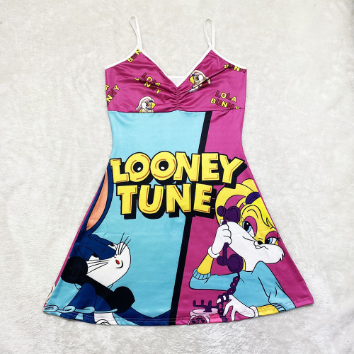 Sexy Loungewear Summer Cartoon Pattern Printed Spaghetti Strap Homewear Dress