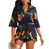 Hot Fashion Plunge Neck Half Sleeve Floral Printed Tie Waist Rompers
