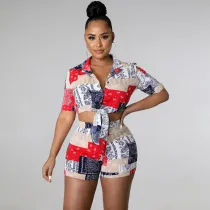 Fashion Casual Paisley Bandage Shirt Two Piece Summer Set