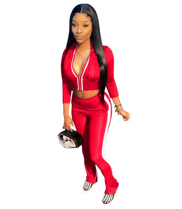 Autumn Winter Red Color Matching Zipper High Collar Blouse and Split Zip Trousers