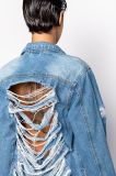 Women's Fashion Ripped Fringed Long Sleeve Trench Denim Long Cardigan