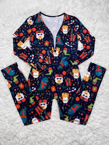 Casual Christmas Printed Long Sleeve Trousers Homewear Jumpsuit