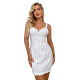White Rote Stripe Ruffle-Accent Chemise - Women Frill Trim Slips