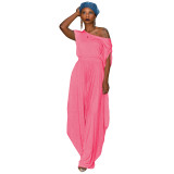 Pink Casual Solid Split Joint Fold Asymmetrical Cross-Shoulder Short Sleeve Two Pieces