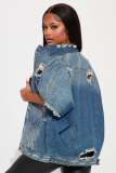 Women's Casual Hole Coat Long Sleeve Pocket Button Denim Jacket Coat Outcoat