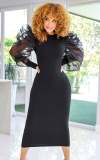 Fashion Mesh Puff Sleeve Elegant Slim Mid Dress