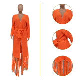 Tassel Trim Open Front Chunky Knit Longline Cardigan
