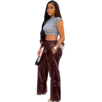 Autumn Winter Wine Red Elastic High Waist Trouser Women Faux PU Leather Straight Pants with Pockets