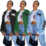 Autumn Women Green Printed Baseball Crop Jacket