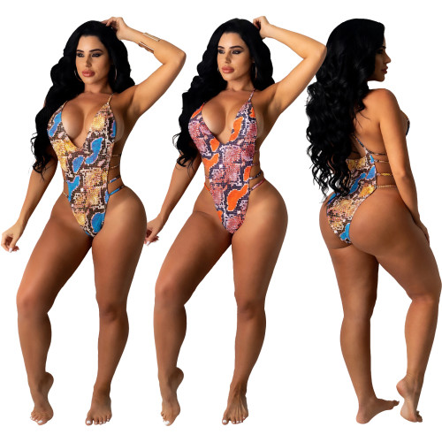 Sexy Snake Print Cutout Hollow Playsuit