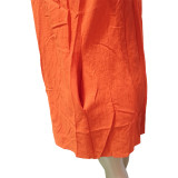 Orange Solid Color Sleeveless Crew Neck Pleated Cotton Mini Dress with Pocket