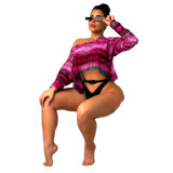 Red Sexy Lantern Sleeve Snake Print Long Sleeve Beach Net Yarn Blouse (without bikini set)