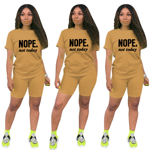 Casual Apricot Short Sleeve Knit Print Sportswear Shorts Set Two Piece