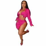 Rose Sexy Three Set Bra and Skirt With Cardigan Jacket