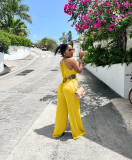 Yellow Sexy Irregular Straps Bandage Wrapped Wide Leg Jumpsuit