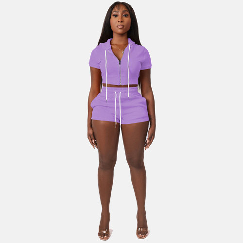 Solid Purple Zipper Cardigan Hooded Cropped Two-Piece Short Summer Set