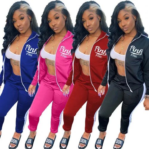 Solid Color Offset Printed Letter Zipper Sports Two Piece Pant Set