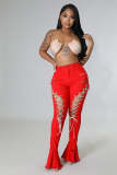 Red Vintage Mid Waist Shredded Eyelet Bandage Denim Flared Pants