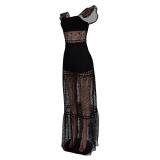 Zip Up Mesh Contrast See Through Straps Ruffle Hem Dress