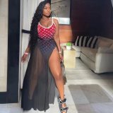 Sling One-piece Swimsuit Rompers + Mesh Long Skirt