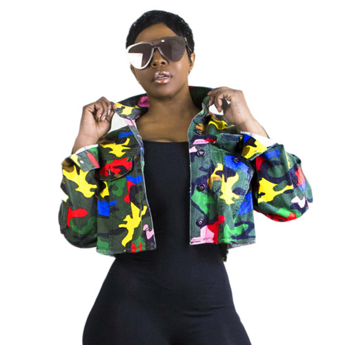 Casual Camouflage Print Dyeing Denim Jacket