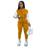 Women's Orange Color-blocking Jacket Suit Single-breasted Stitching Baseball Two Piece Uniform