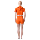 Orange Solid Zip Up Cardigan Cropped Hooded Two Piece Short Set