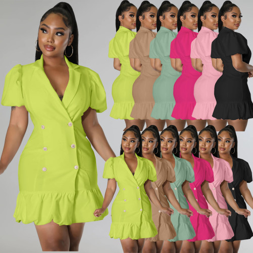 Women's V Neck Dress Cute Puff Sleeve Button Down Casual A-Line Ruffle Swing Short Mini Dresses