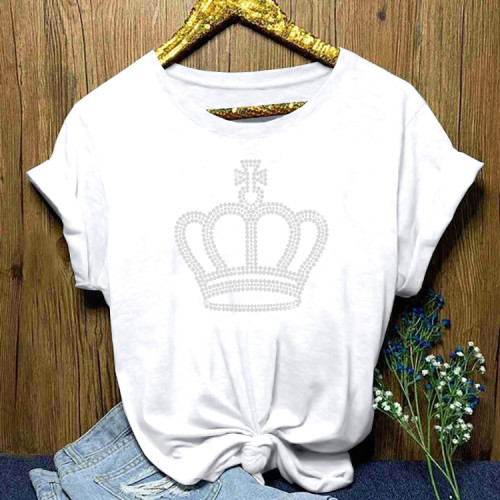 Casual White O Neck Crown Hot Drill T-shirt Tops