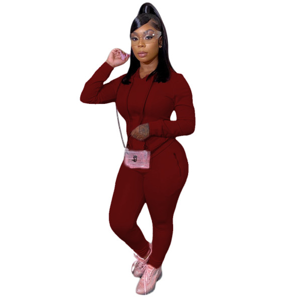 Solid Color Hooded Blouse and Trousers with Pocket