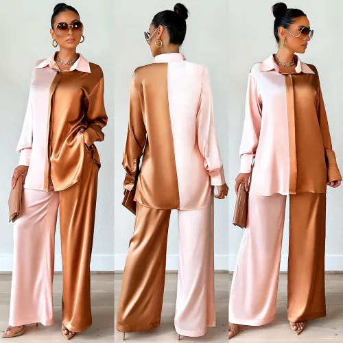 Contrast Color Turndown Neck Shirt And Pants 2 Piece Sets