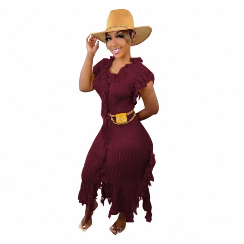 Casual Wine Red Knitted Edge Distressed Tassels Sleeveless Dress
