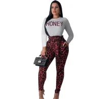 Casual Letter Printed Leopard 2 Piece Set Women Clothings