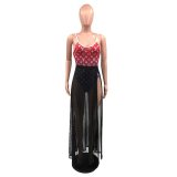 Sling One-piece Swimsuit Rompers + Mesh Long Skirt