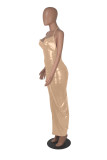 Solid Color Deep V Halter Stacked Maxi Dresses
