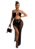 Black Solid Color Summer Elastic Fringed Side Slit Halter Beach Long Dresses
