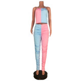 Colorblock Straps Crop Top and Stacked Trousers