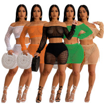 Holiday Sunscreen Beachwear Hollow Knitting Off Shoulder Skirt Set