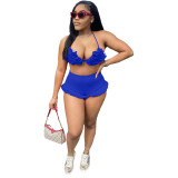 Royal Blue Sexy Halter Backless Bra Ruffled Shorts Summer Set
