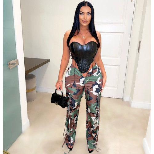 Casual Camouflage Wrinkled Pants
