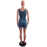 Sleeveless Frayed Denim Jumpsuit Romper