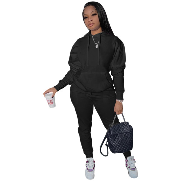Black Women's 2 Piece Solid Sweatsuit Long Sleeve Hoodies Sweatpants Sets Tracksuit