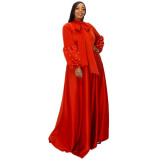 Plus Size Solid Beaded Tie Neck Ruffle Sleeve Formal Maxi Dress With Pocket