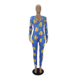 Casual Pattern Printed V Neck Home Jumpsuit