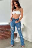 Women Eyelet Rope Elasticity Ripped Denim Trousers