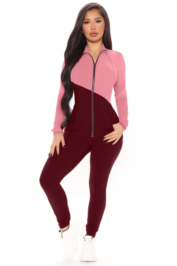 Color Block Zipper Turndown Neck Blouse and Pants