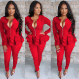 Solid Color Ruffled Sleeve Long Sleeve Zipper Tops and Trousers Set