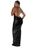 Solid Color Deep V Halter Stacked Maxi Dresses