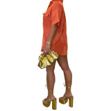 Orange Casual Solid Single-breasted Turndown Neck Shorts Set with Pocket